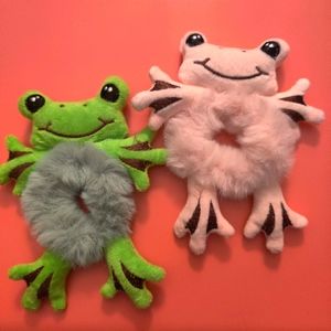 New 2 pc Green and Pink Frog Ponytail Holders.